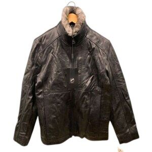 Marc New York Leather Jacket Mens Size S Black Zip Up Rabbit Fur Collar Trim NWT